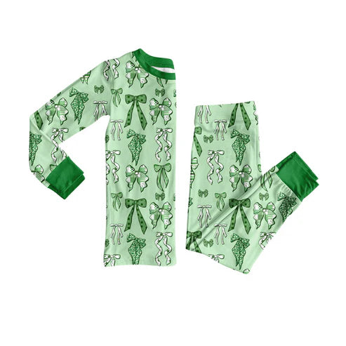 9.18 GLP2840 Baby Girls Green Clovers Bows Top Pants St Patrick Pajamas Sets Preorder