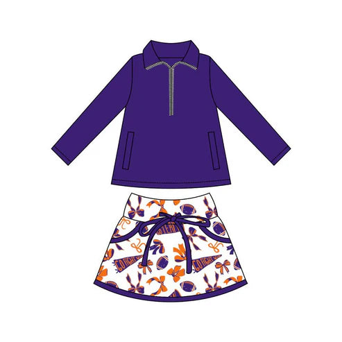 9.23 GLD1326 Baby Girls Pockets Pullover Orange Purple Footballs Bows Skorts Team Sets Preorder
