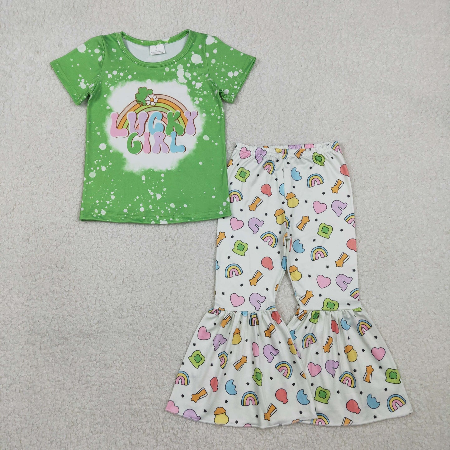 GSPO2101 Kids Baby Lucky Girl Clover Top Bell Bottom Pants St Patrick Clothes Sets)