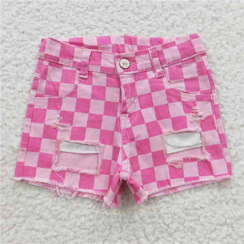 L-3.7 SS0092 Plaid Ripped Denim Shorts Pink