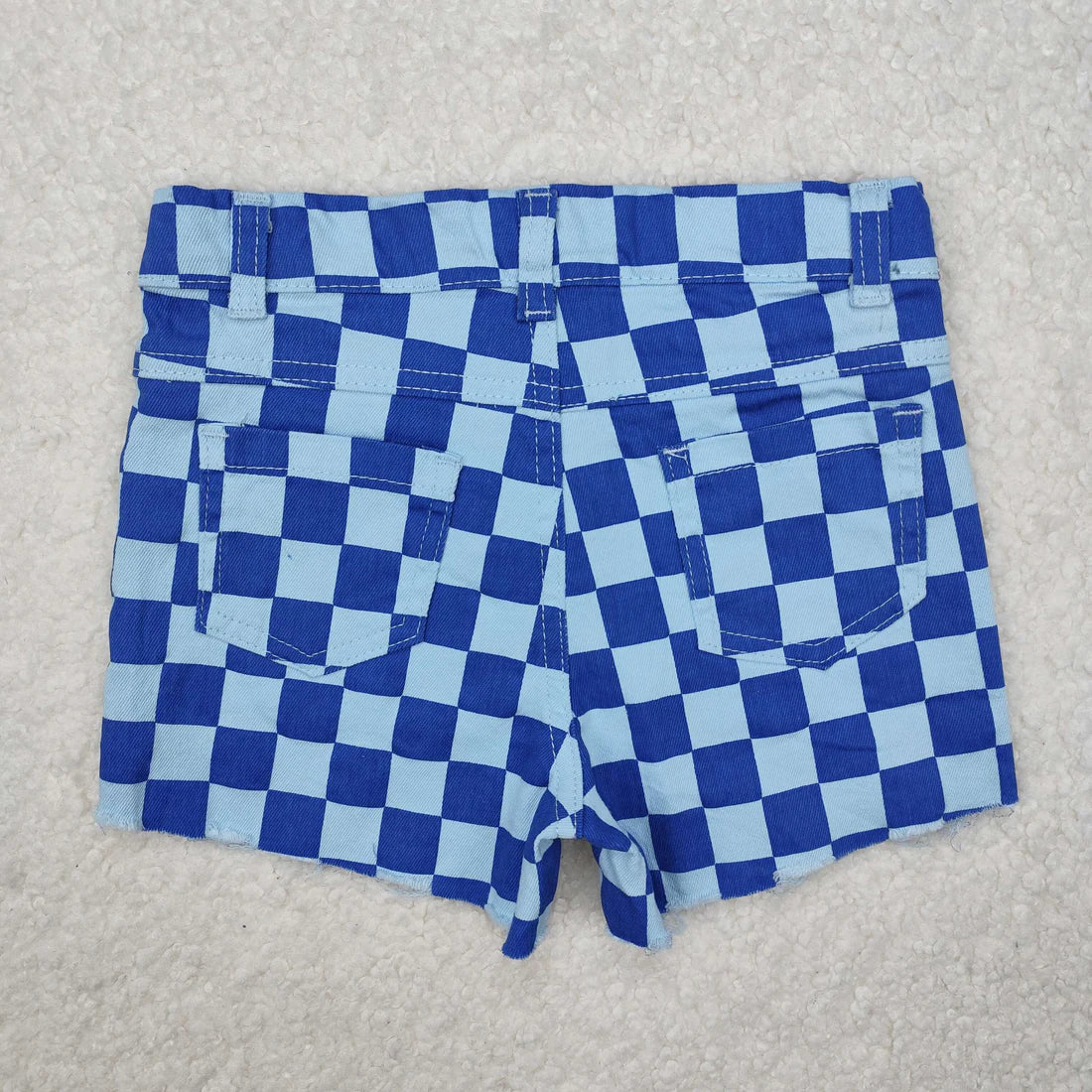 L-3.7 SS0093 Baby Girls Blue Checkered Distressed Denim Shorts
