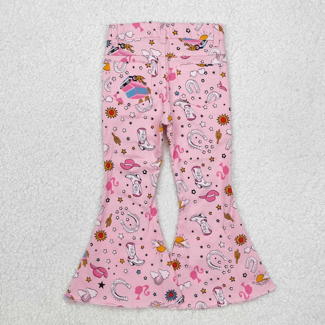 L-3.7  P0407 Baby Girls Pink Doll Western Bell Flare Denim Pants