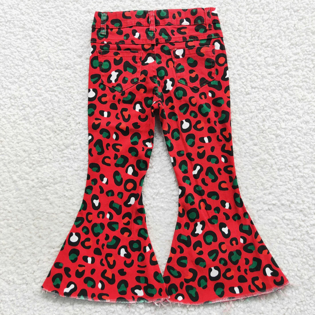 L-3.7 P0229 Red and green leopard print denim pants