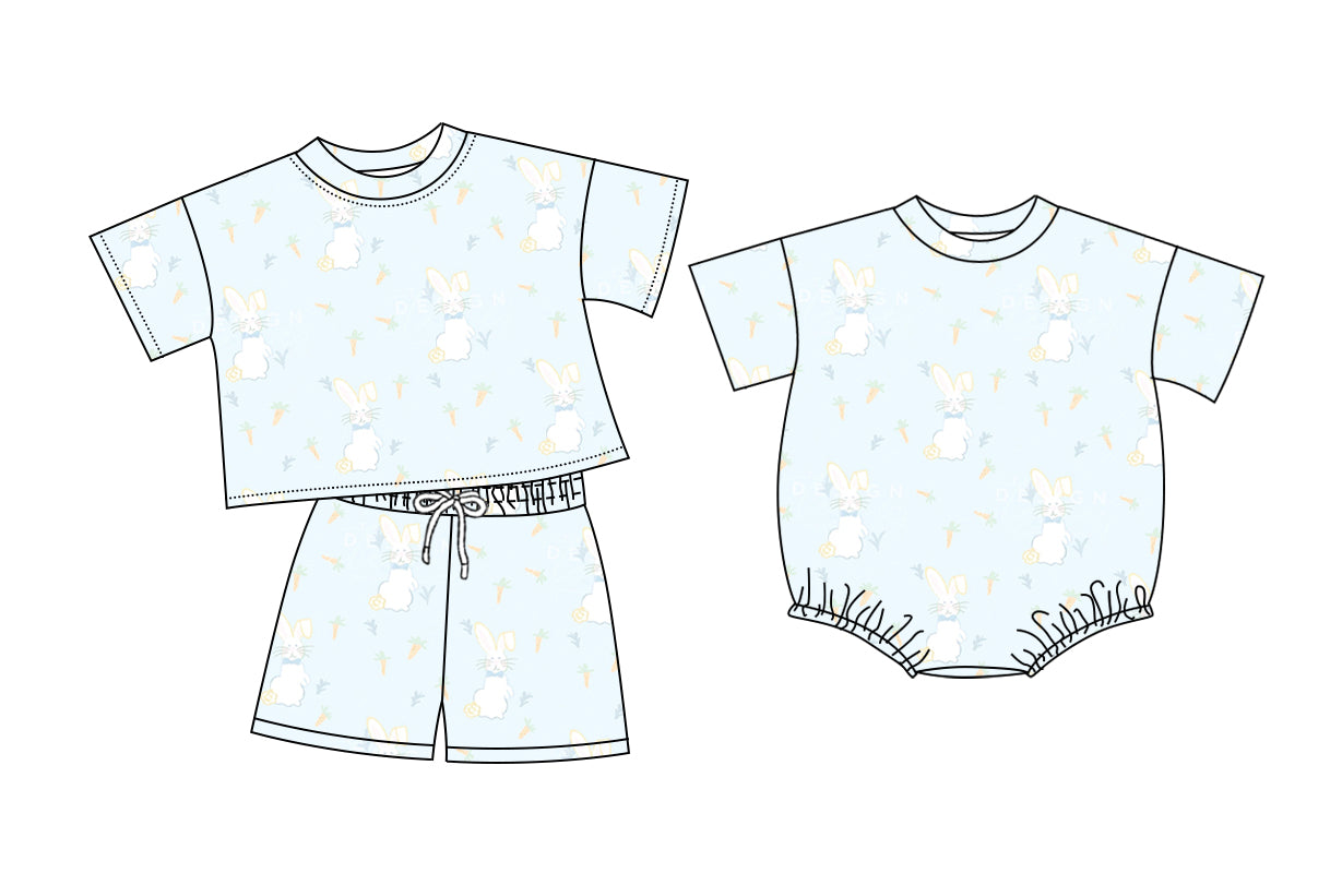 26.1.12 Custom MOQ:3 or 5 pcs each design milk silk Sibling baby girl clothes bunny short sleeve shorts sets and romper