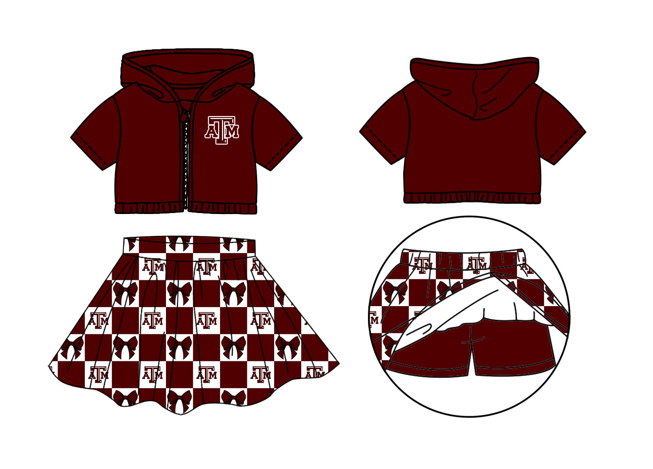 Custom Milk Silk Order MOQ:3 or 5 pcs Each Design Team State Girl Summer Bow Dark red Zipper Hooded Short Sleeve Short Skirts Sets-26.1.20