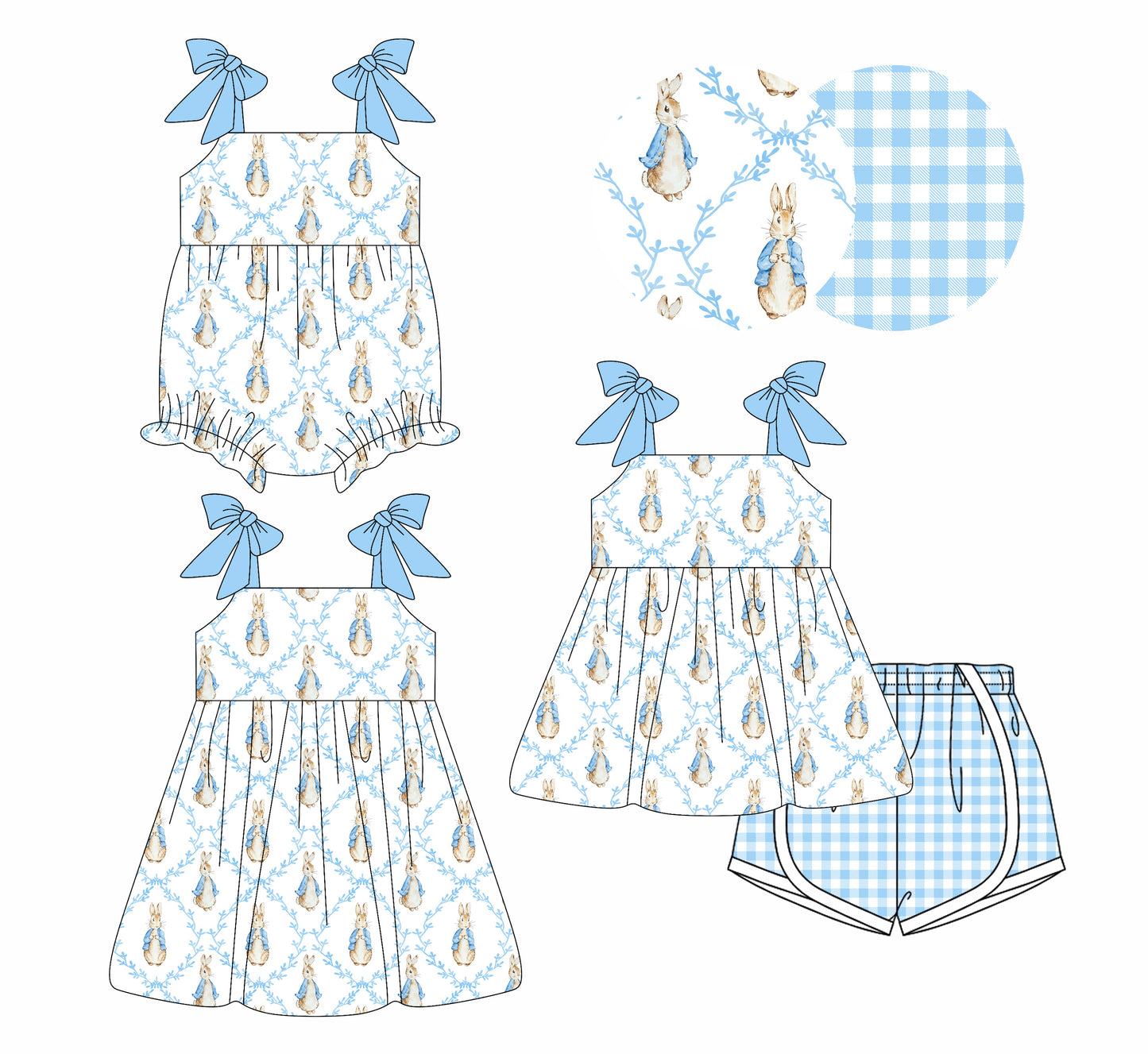 26.1.8 Custom MOQ:3 or 5 pcs each design milk silk Sibling baby girl clothes bunny bow short sleeve shorts sets and dress and romper