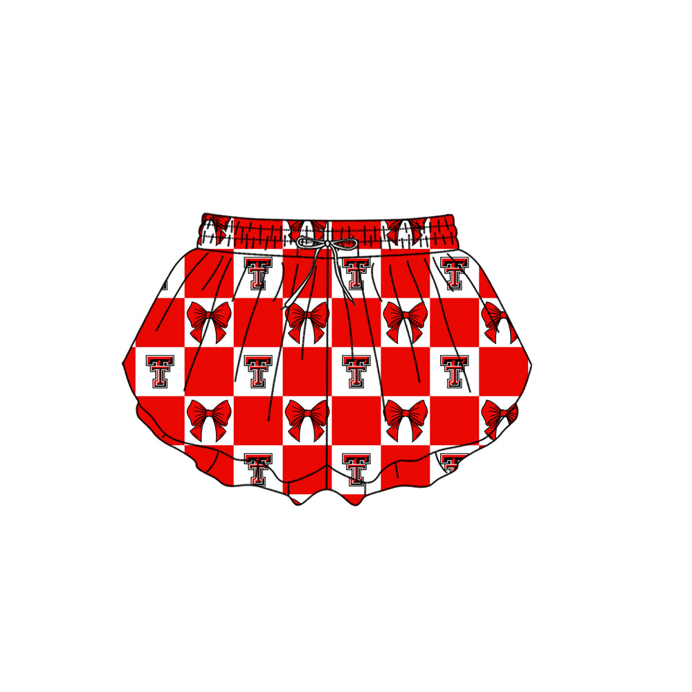 Custom Moq 3 or 5 Team Design Baby Girl Red T Bows Plaid Team Ruffle Shorts