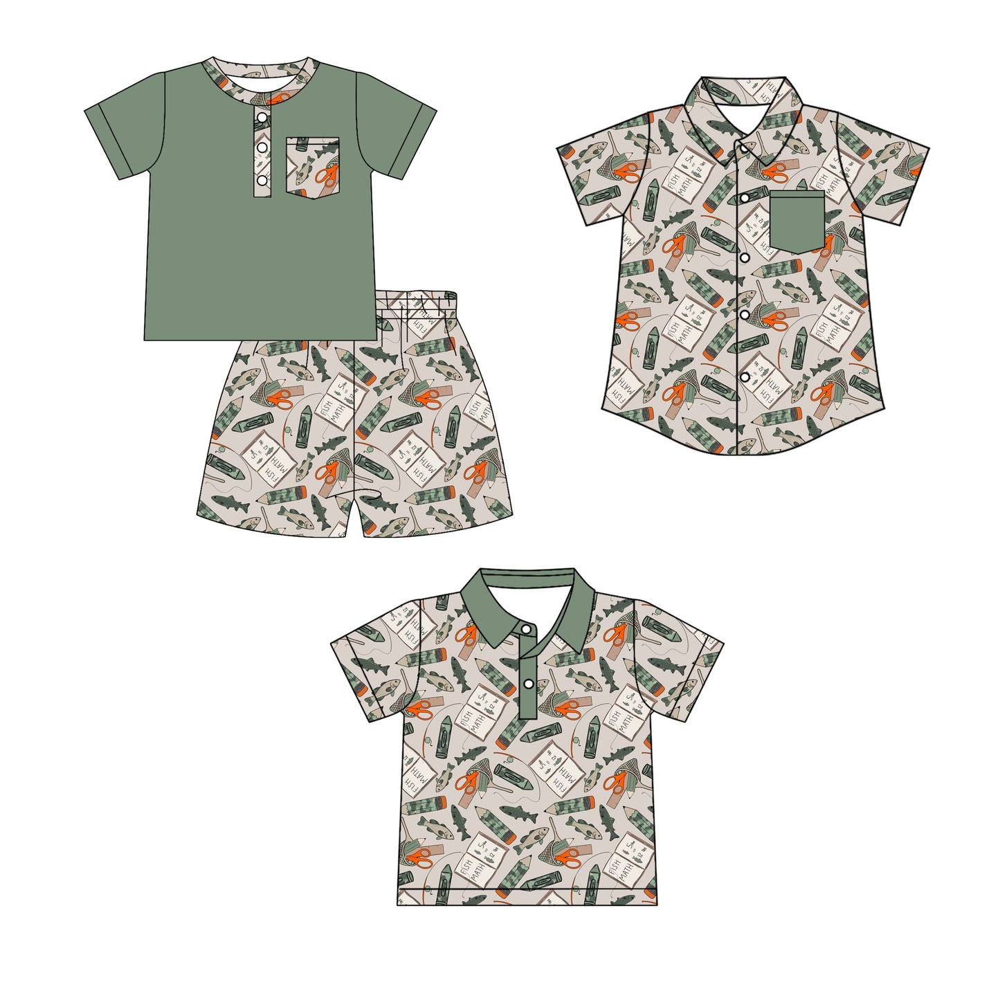 26.1.14 Custom MOQ:3 or 5 pcs each design milk silk Sibling baby boy clothes fishing short sleeve shorts sets and tops 2