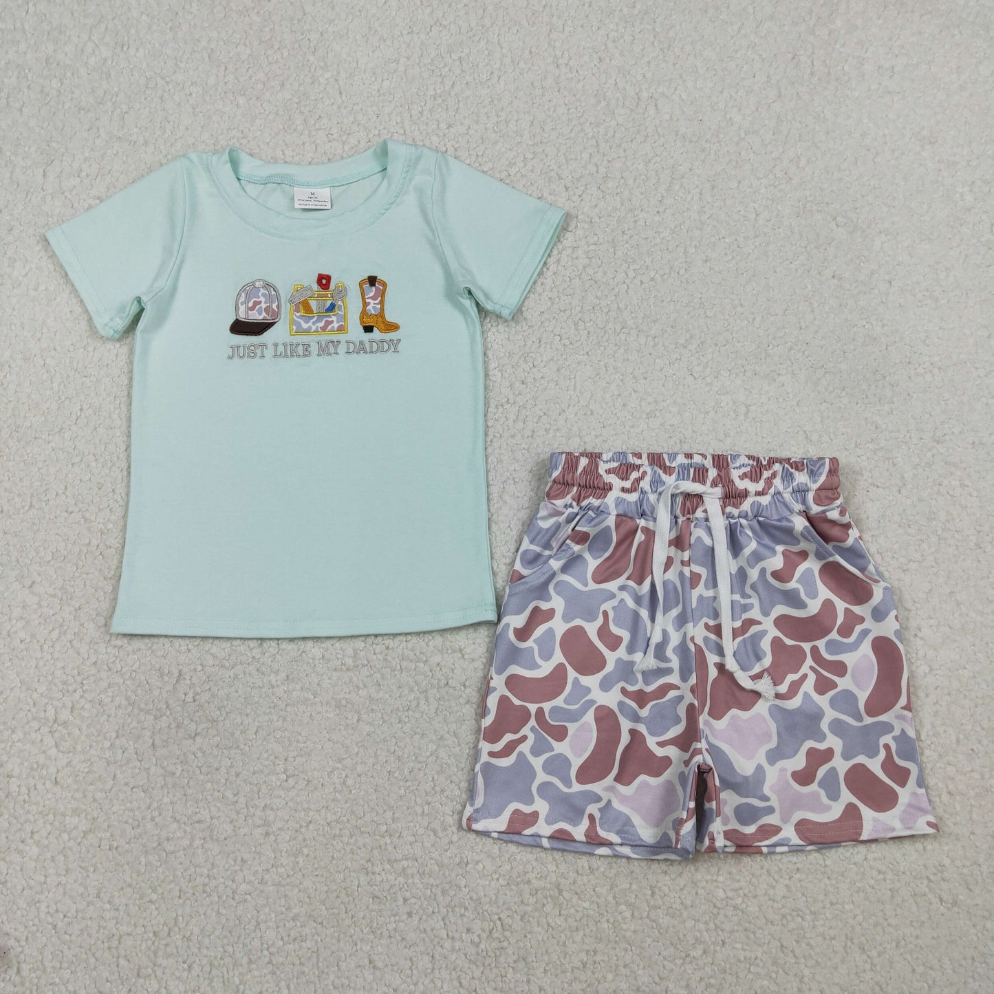 RTS NO MOQ(In Stock) BSSO1710 Embroidered Just Like My Daddy Green Short-Sleeve Camouflage Shorts Set