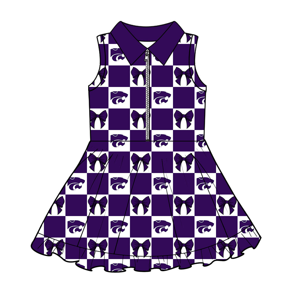Custom MOQ 3 or 5 pcs Team Design Girl Summer Purple Leopard Bow Checked Zipper Sleeveless Dress
