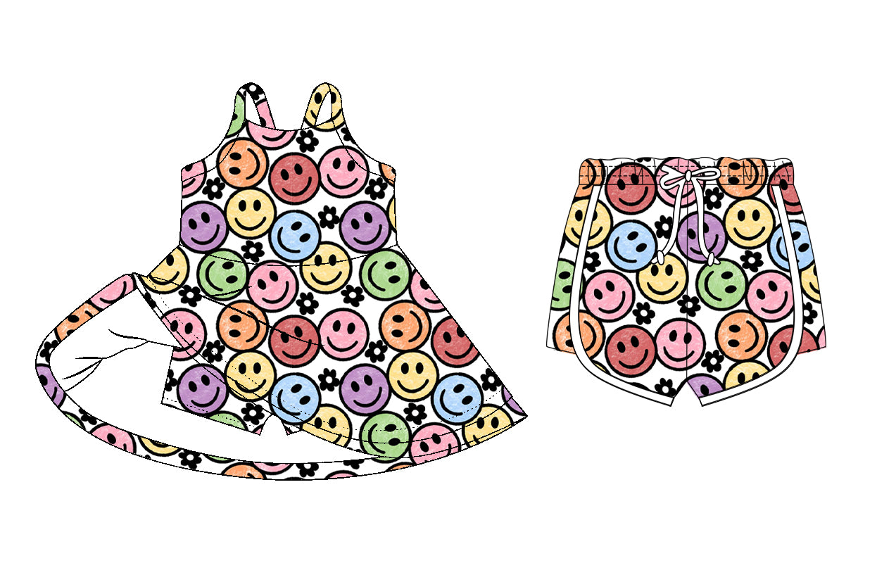 26.1.6 Custom MOQ:3 or 5 pcs each design milk silk Sibling baby girl clothes smiley short sleeve dress and shorts
