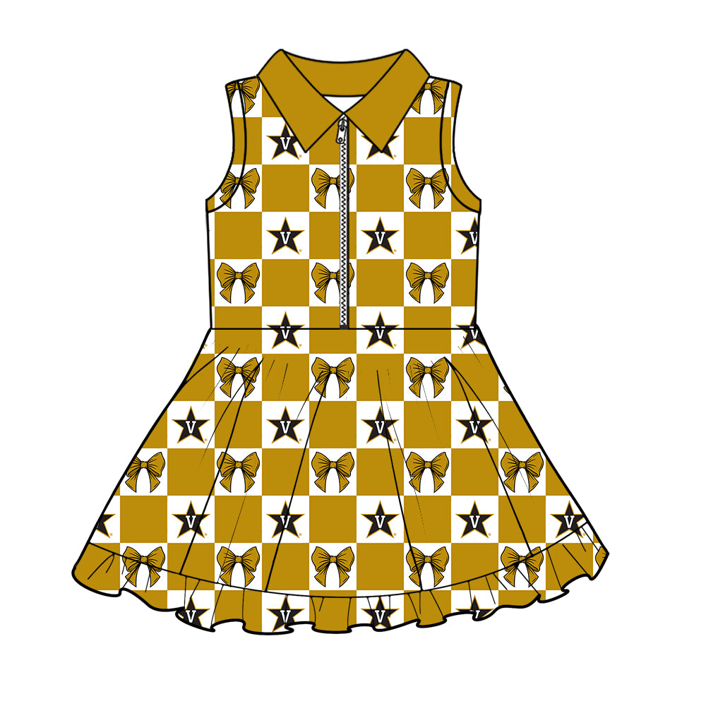 Custom Milk Silk Order MOQ:3 or 5 pcs Each Design Team State Girl Summer Bow Khaki Sleeveless Dress-26.1.20
