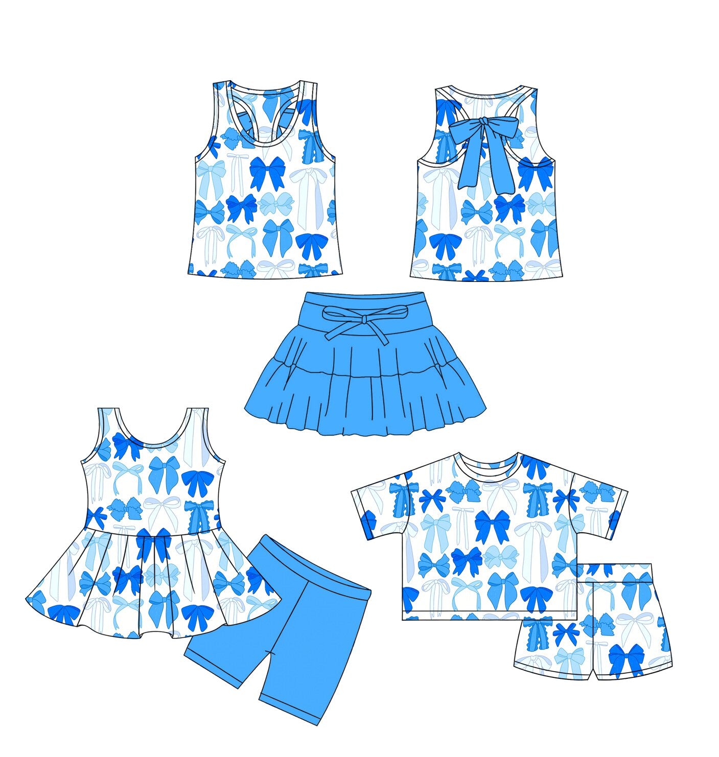 26.1.12 Custom MOQ:3 or 5 pcs each design milk silk Sibling baby girl clothes bow short sleeve shorts sets 2 and skirts sets