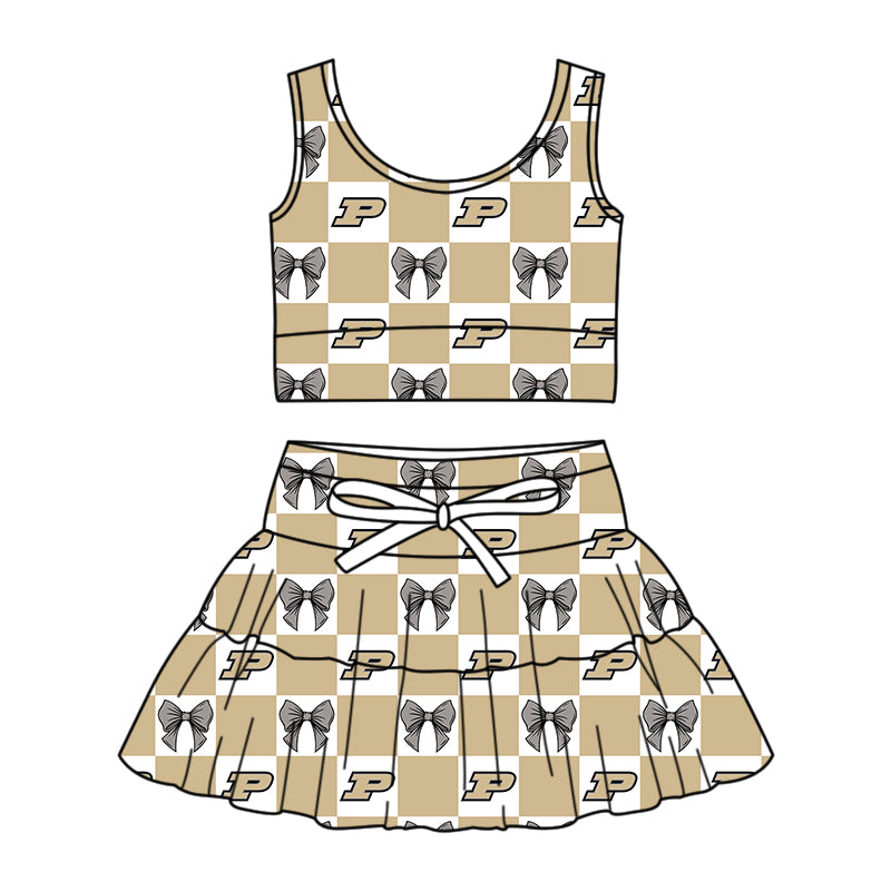 Custom Milk Silk Order MOQ:3 or 5 pcs Each Design Team State Girl Summer Bow Khaki Sleeveless Skirts Sets-26.1.23