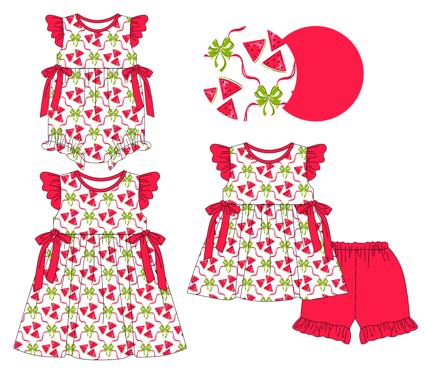 26.1.8 Custom MOQ:3 or 5 pcs each design milk silk Sibling baby girl clothes watermelon bow short sleeve shorts sets and dress and romper