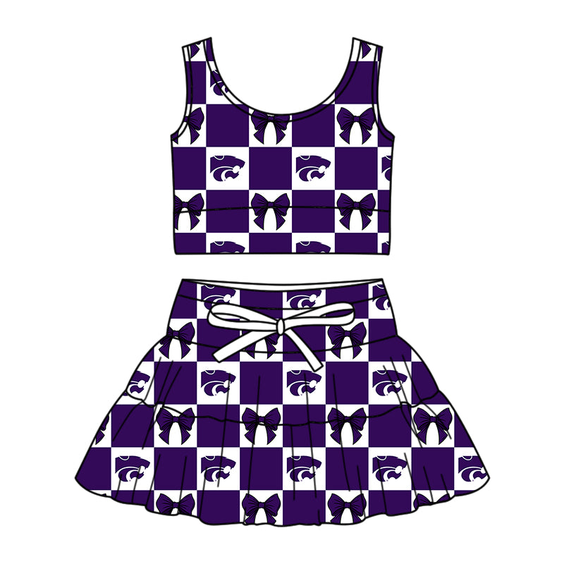 Custom MOQ 3 or 5 pcs Team Design Girl Purple Leopard Bow Plaid Vests Top Skirt Short Team Clothes Sets