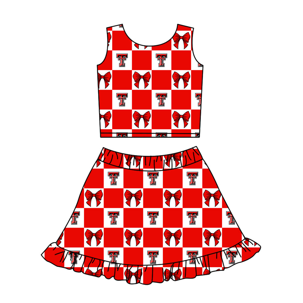 Custom MOQ 3 or 5 pcs Team Design Girl Summer Red T Bows Plaid Top Ruffle Skirt Short Team Clothes Sets