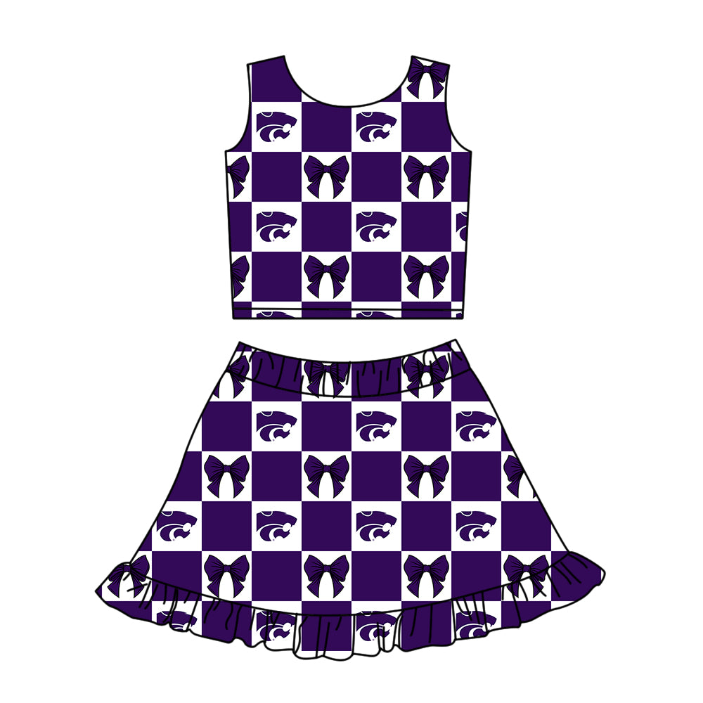 Custom MOQ 3 or 5 pcs Team Design Girl Summer Purple Leopard Bow Plaid Vest Ruffle Skirt Short Team Clothes Sets