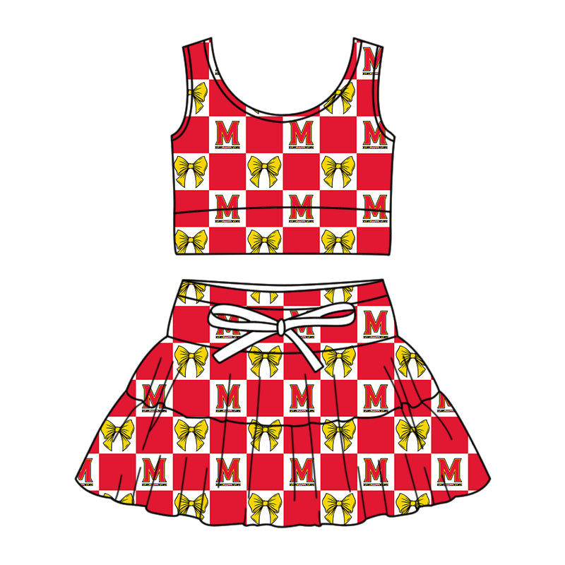 Custom Milk Silk Order MOQ:3 or 5 pcs Each Design Team State Girl Summer Bow Red Sleeveless Skirts Sets-26.1.21