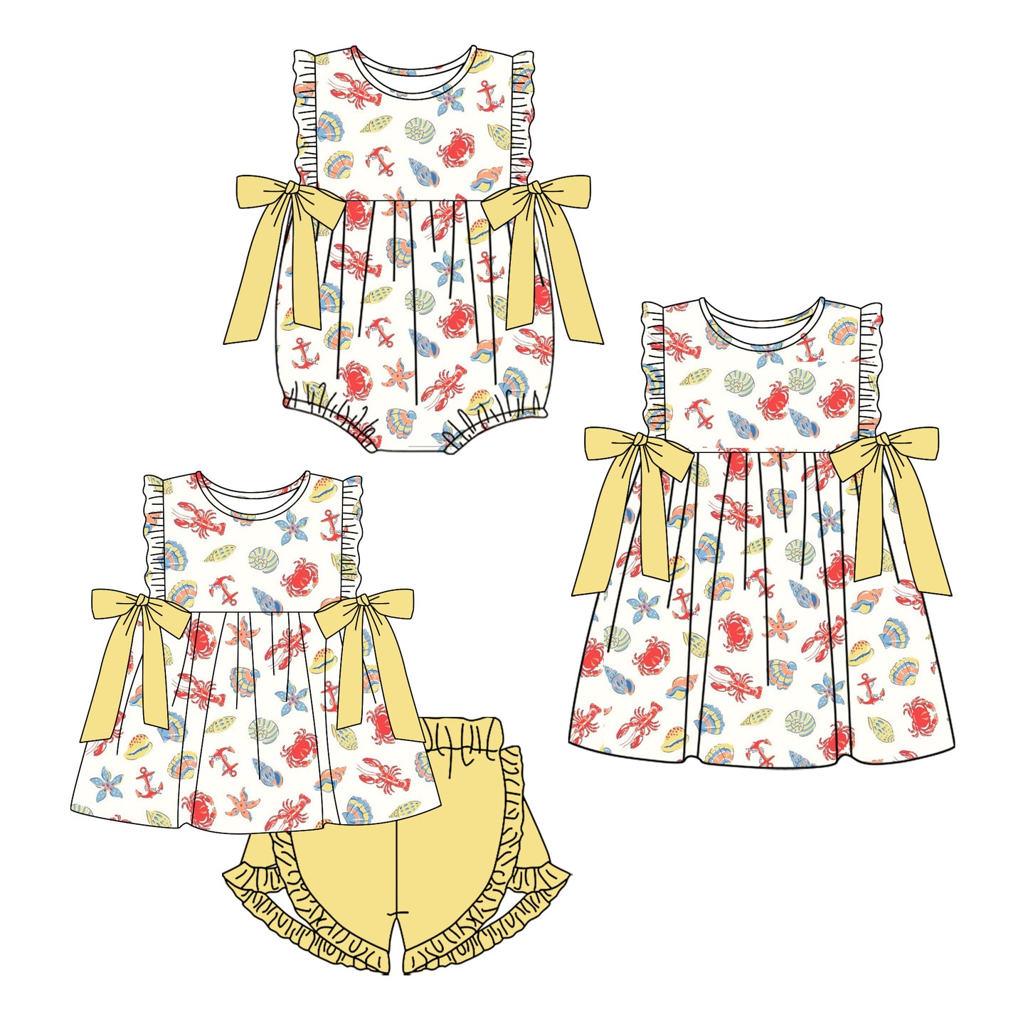 26.1.3 Custom MOQ:3 or 5 pcs each design milk silk Sibling baby girl clothes lobster short sleeve shorts sets and dress and romper