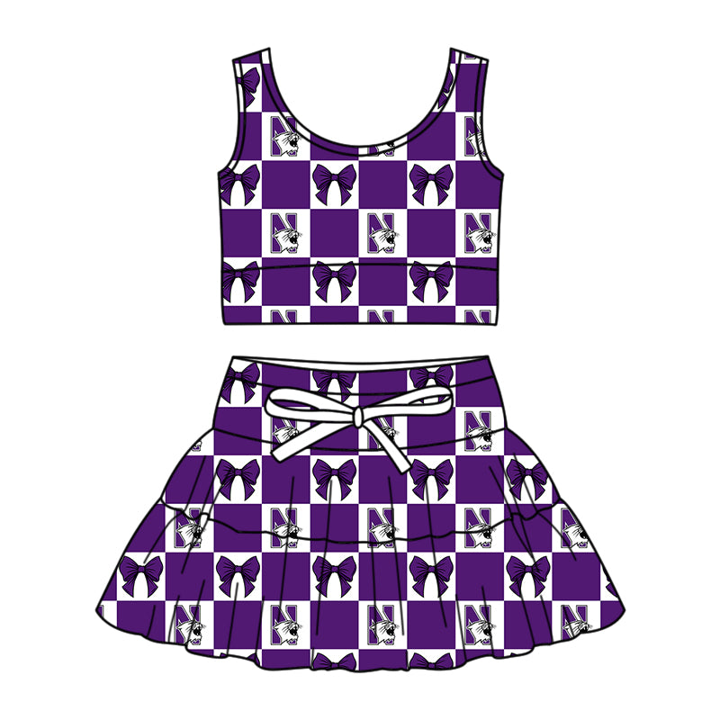 Custom Milk Silk Order MOQ:3 or 5 pcs Each Design Team State Girl Summer Bow Purple Sleeveless Skirts Sets-26.1.22