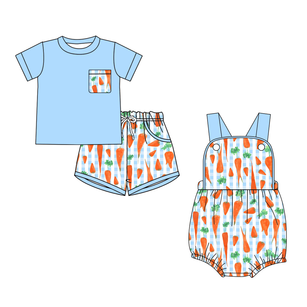 26.1.10 Custom MOQ:3 or 5 pcs each design milk silk Sibling baby boy clothes carrot short sleeve shorts sets and romper