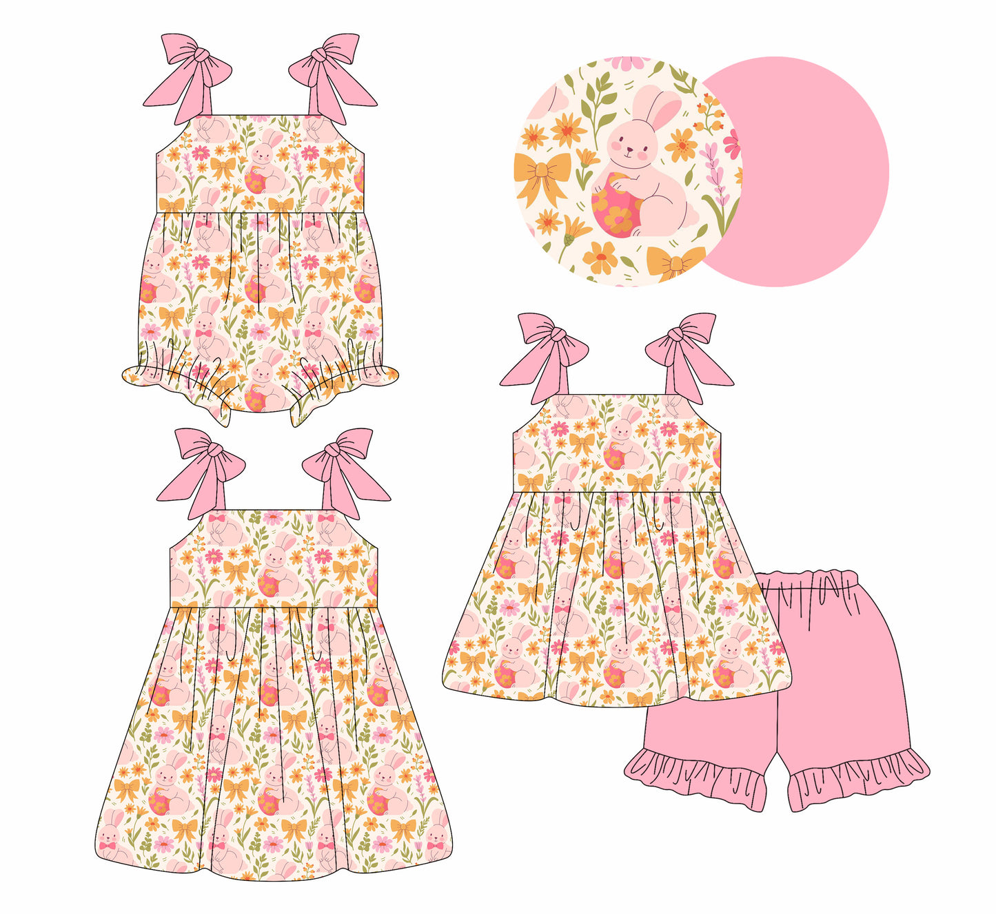 26.1.9 Custom MOQ:3 or 5 pcs each design milk silk Sibling baby girl clothes bunny floral bow short sleeve shorts sets and dress and romper
