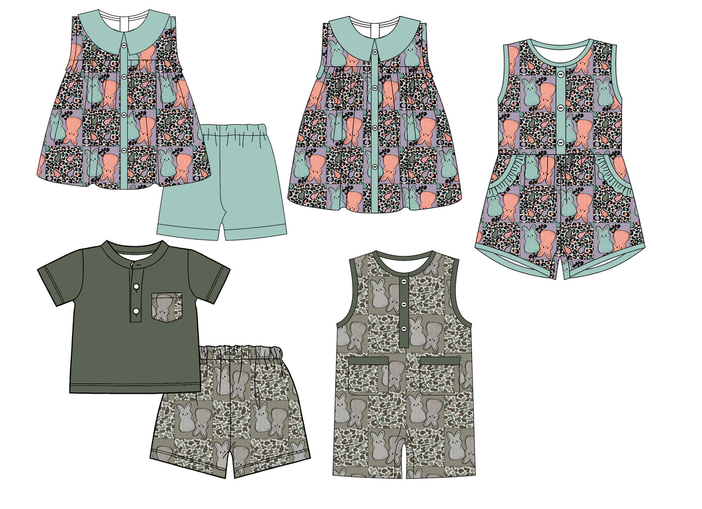 26.1.5 Custom MOQ:3 or 5 pcs each design milk silk Sibling baby girl boys clothes easter short sleeve shorts sets 2 and dress and romper and jumpsuit