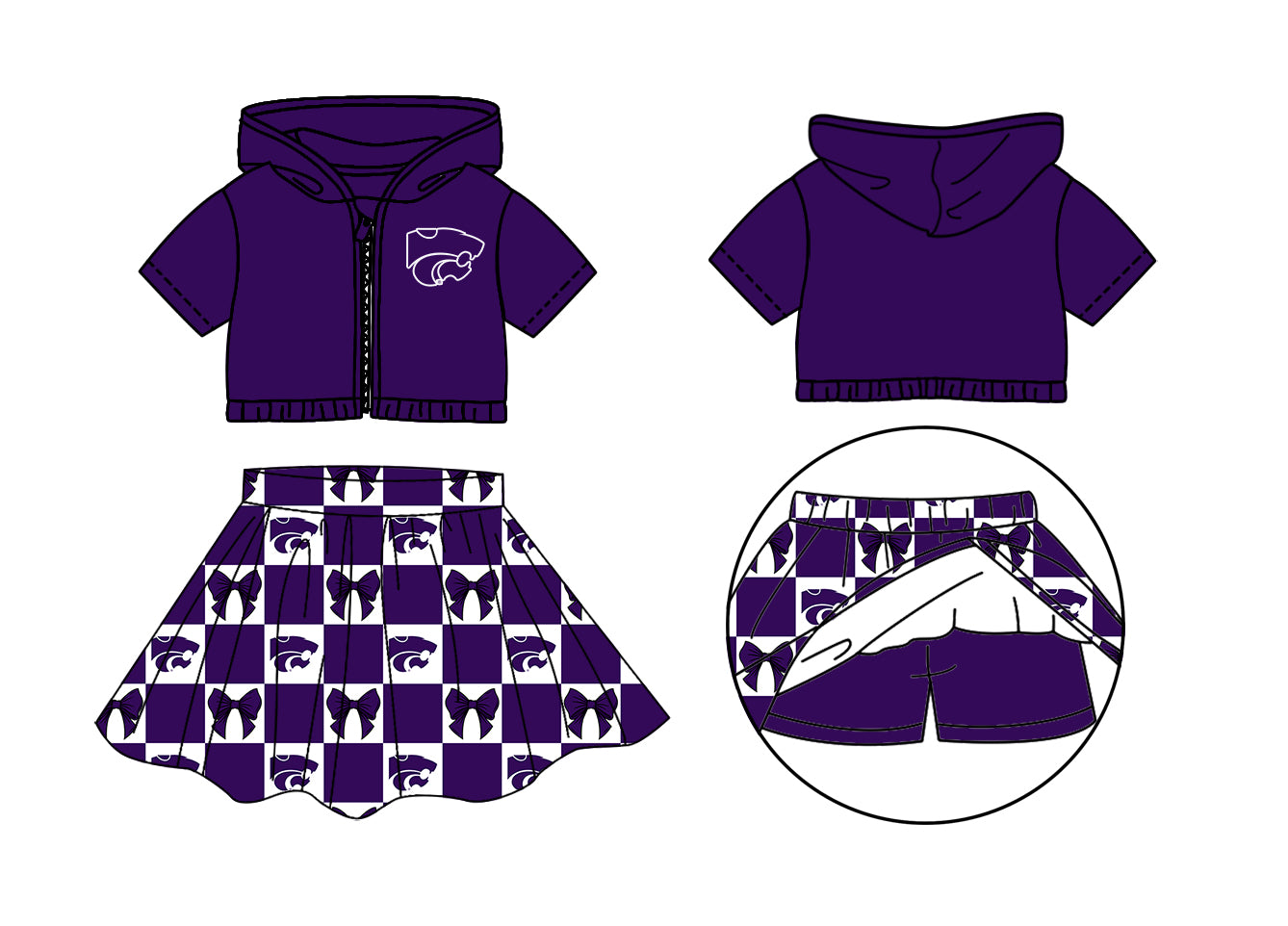 Custom Moq 3 or 5 Team Design Baby Girl Purple Leopard Bow Zipper Hoodie Jackets Skirt Short Team Clothes Sets