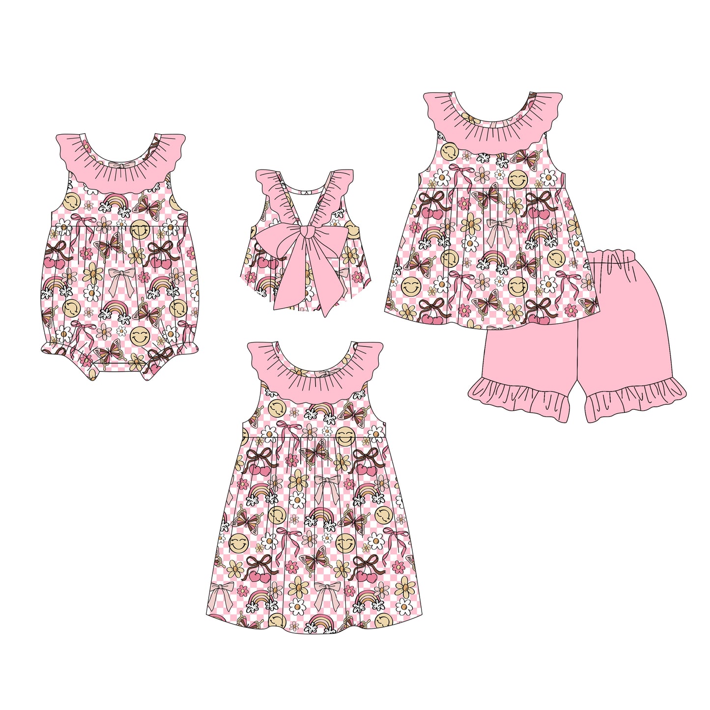 26.1.8 Custom MOQ:3 or 5 pcs each design milk silk Sibling baby girl clothes bow short sleeve shorts sets and dress and romper
