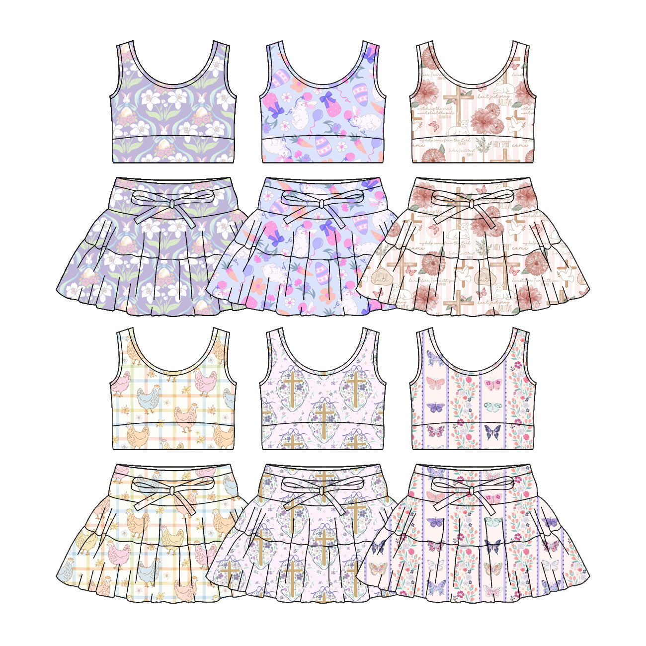 26.1.14 Custom MOQ:3 or 5 pcs each design milk silk Sibling baby girl clothes easter short sleeve skirts sets 6