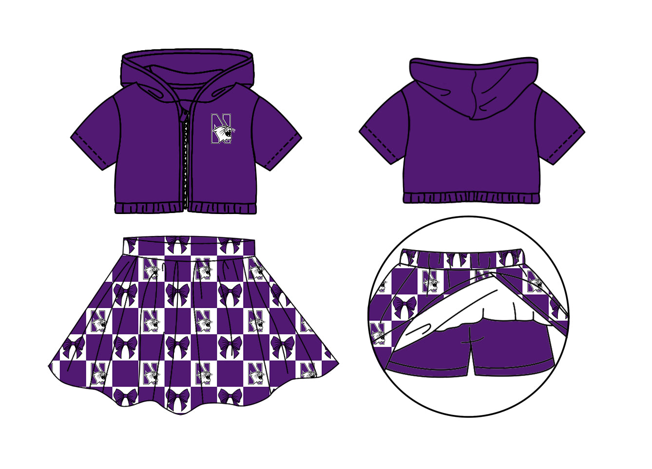 Custom Milk Silk Order MOQ:3 or 5 pcs Each Design Team State Girl Summer Bow Purple Zipper Hooded Short Sleeve Short Skirts Sets-26.1.22