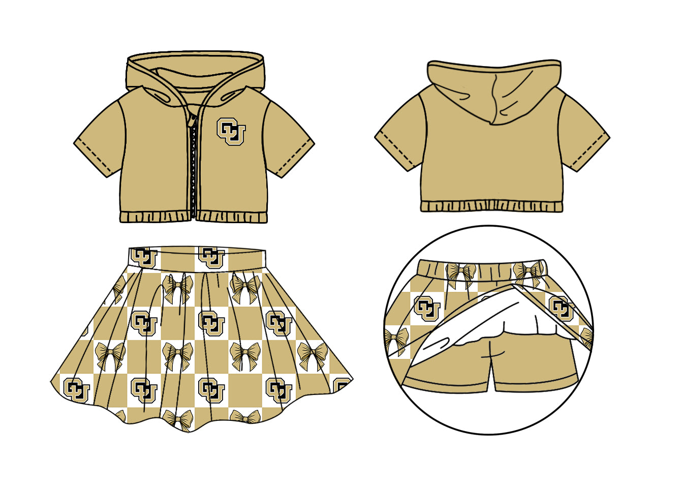 Custom Moq 3 or 5 Team Design Baby Girl CU Bows Zipper Hoodie Jackets Skirt Short Team Clothes Sets