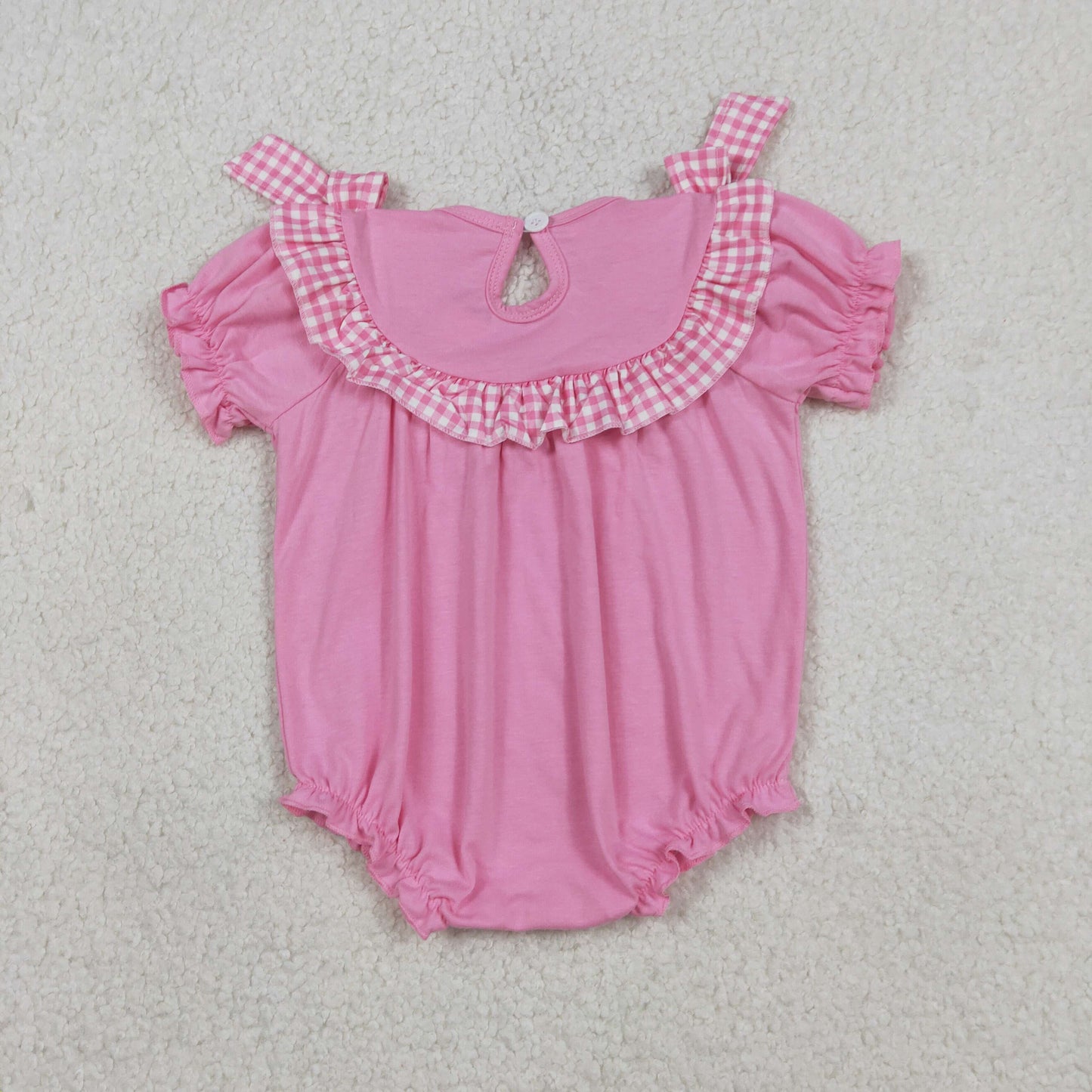 RTS NO MOQ(In Stock) SR3250 Embroidered Cross Pink and White Check Lace Short-Sleeve Onesie