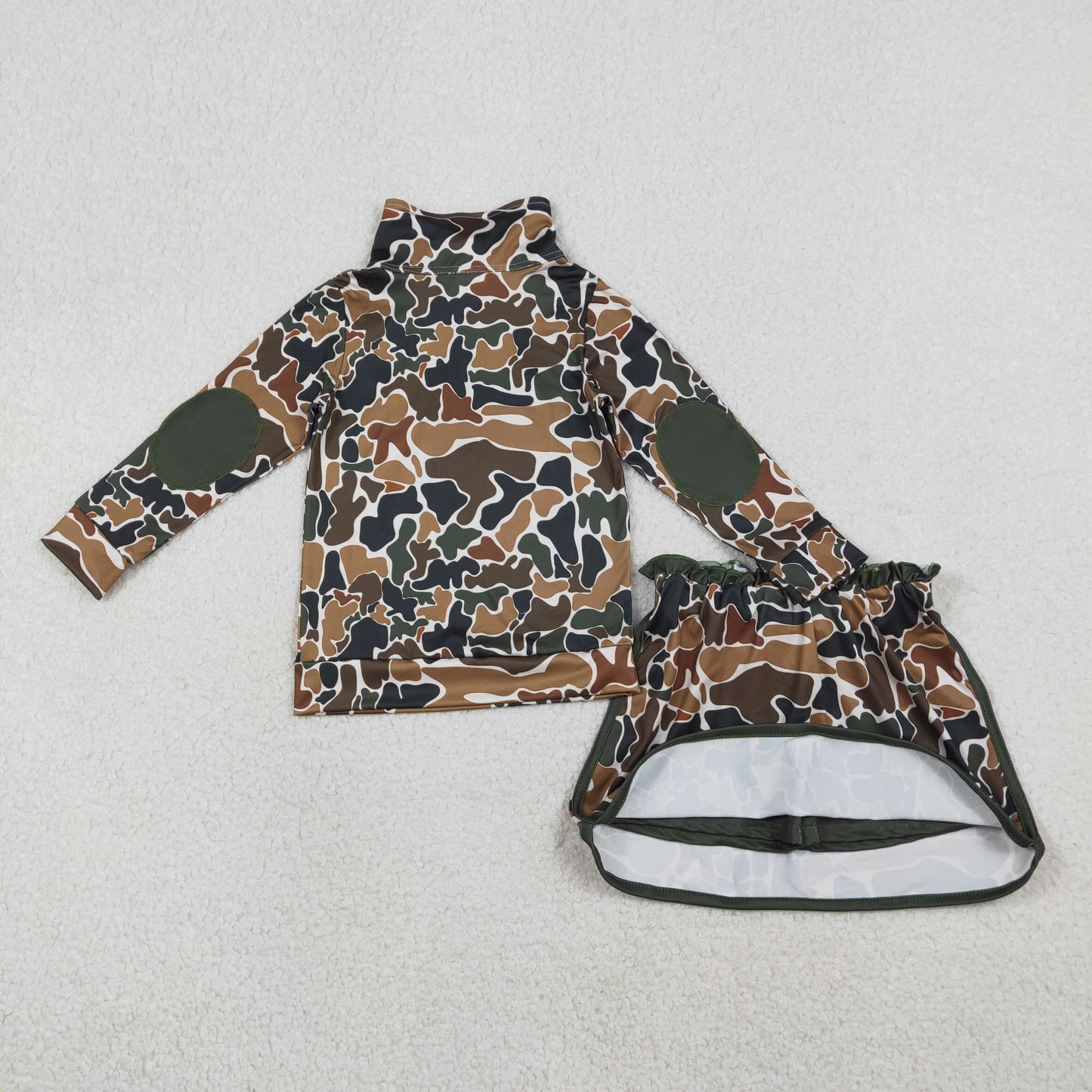 RTS NO MOQ(In Stock) GLD1547 Brown-green camouflage beige zip-up long-sleeved skirt set.