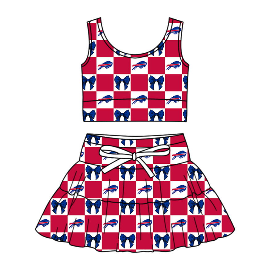 Custom Milk Silk Order MOQ:3 or 5 pcs Each Design Team State Girl Summer Bow Blue And Red Sleeveless Skirts Sets