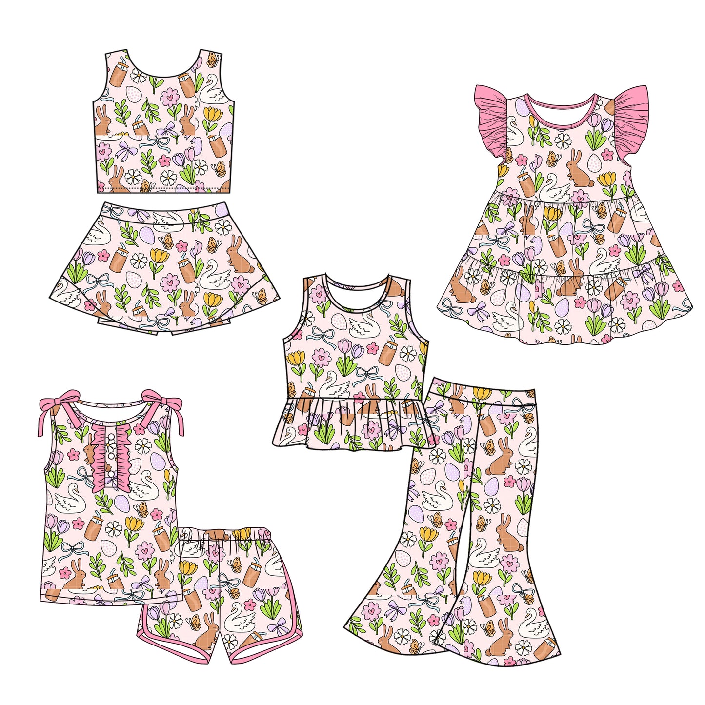 26.1.12 Custom MOQ:3 or 5 pcs each design milk silk Sibling baby girl clothes bunny bow short sleeve shorts sets and skirts sets and pants set and dress