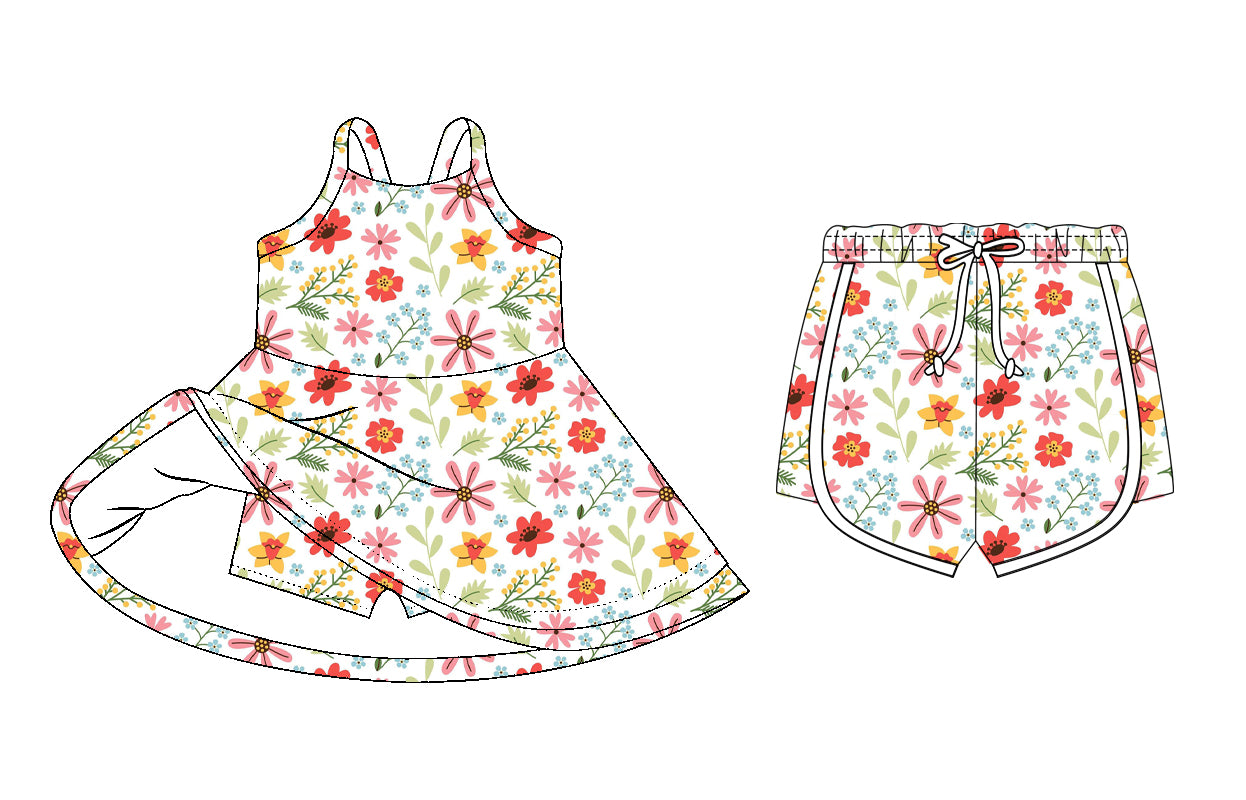 26.1.6 Custom MOQ:3 or 5 pcs each design milk silk Sibling baby girl clothes floral short sleeve dress and shorts