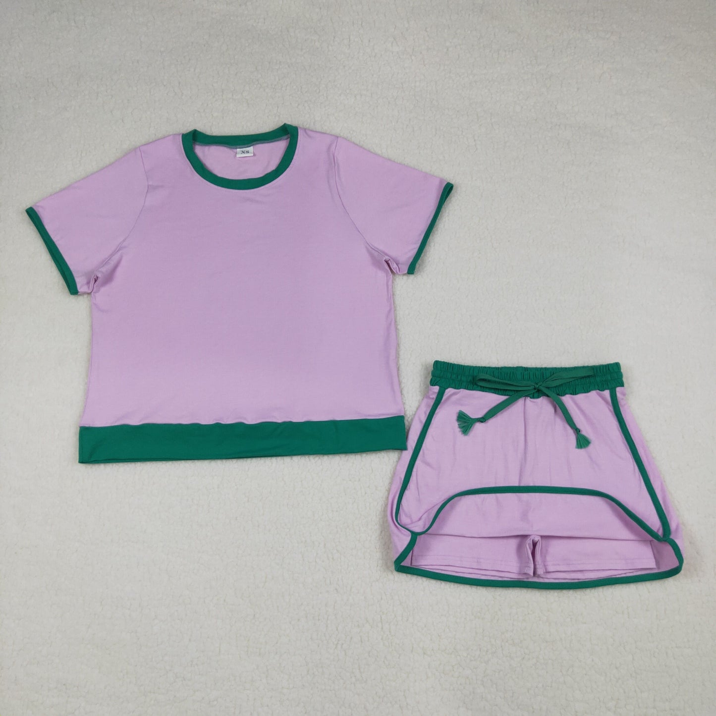 GSD3675 Adult Women Pink Short Sleeve Top Skirt Shorts Cotton Clothes Set