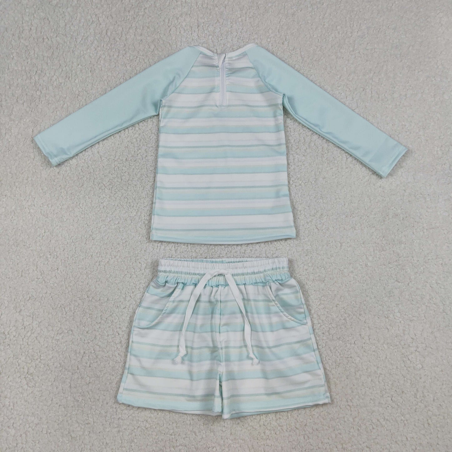 S0649 Kids Baby Boy Light Blue Stripe Top Pockets Shorts Swimsuits