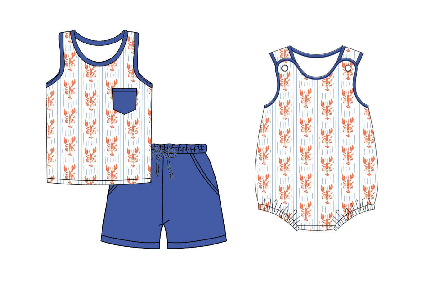 26.1.3 Custom MOQ:3 or 5 pcs each design milk silk Sibling baby boy clothes lobster short sleeve shorts sets and romper