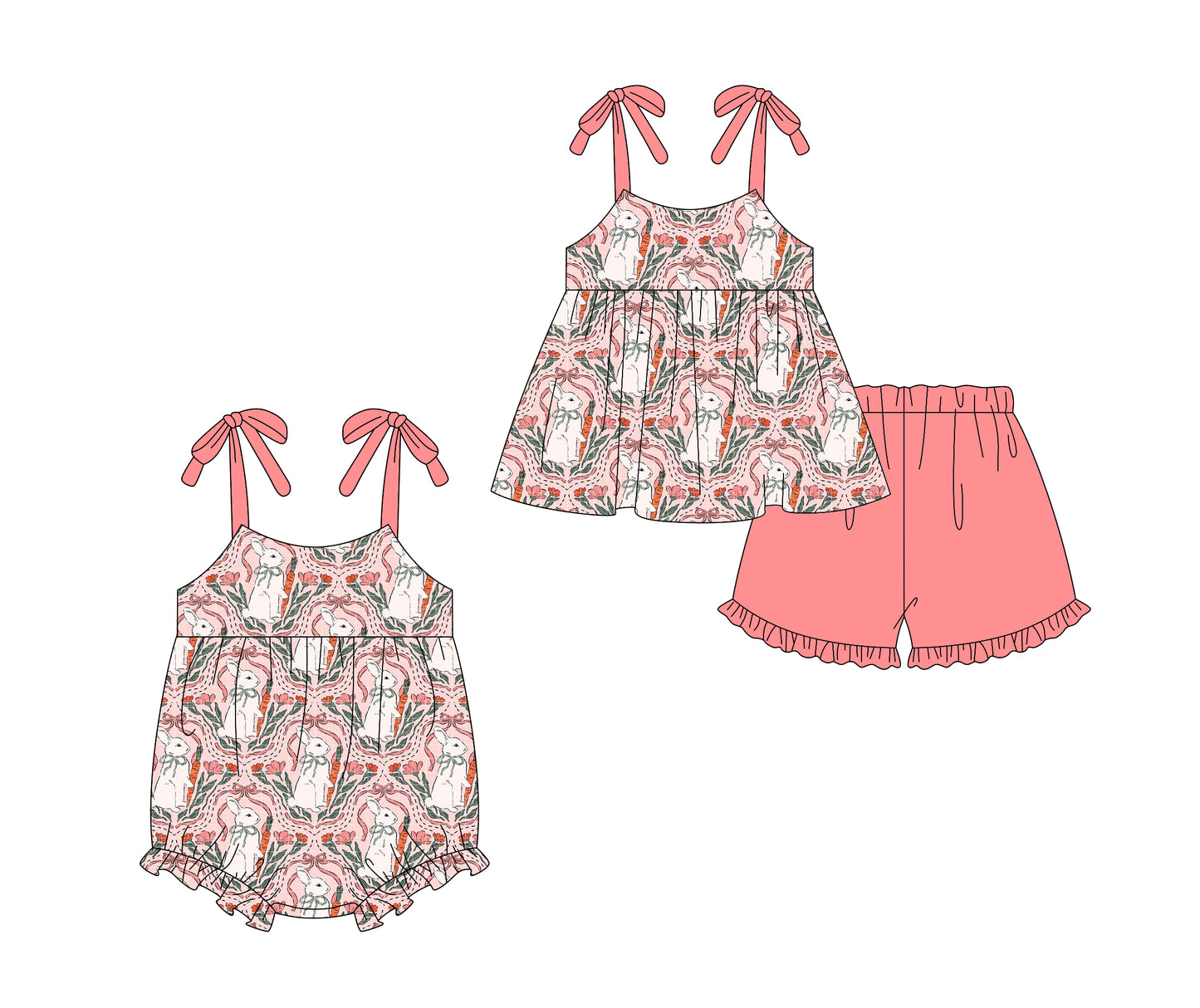 26.1.5 Custom MOQ:3 or 5 pcs each design milk silk Sibling baby girl clothes easter bow floral short sleeve shorts sets and romper
