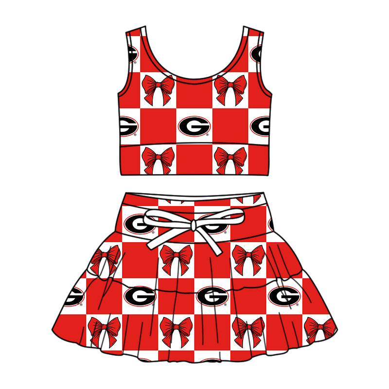 Custom Milk Silk Order MOQ:3 or 5 pcs Each Design Team State Girl Summer Bow Red Sleeveless Skirts Sets-26.1.17