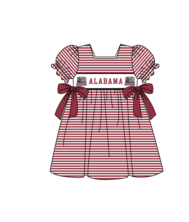 1.29 Custom Order Moq 3 Baby Girl Alabama Team Bows Stripe Ruffle Knee Length Dresses