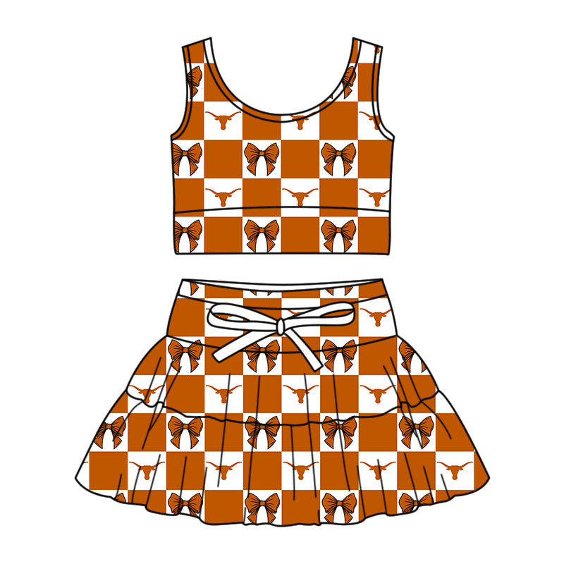 Custom MOQ 3 or 5 pcs Team Design Girl Summer Bull Skulls Bows Plaid Vests Top Skirt Short Team Clothes Sets
