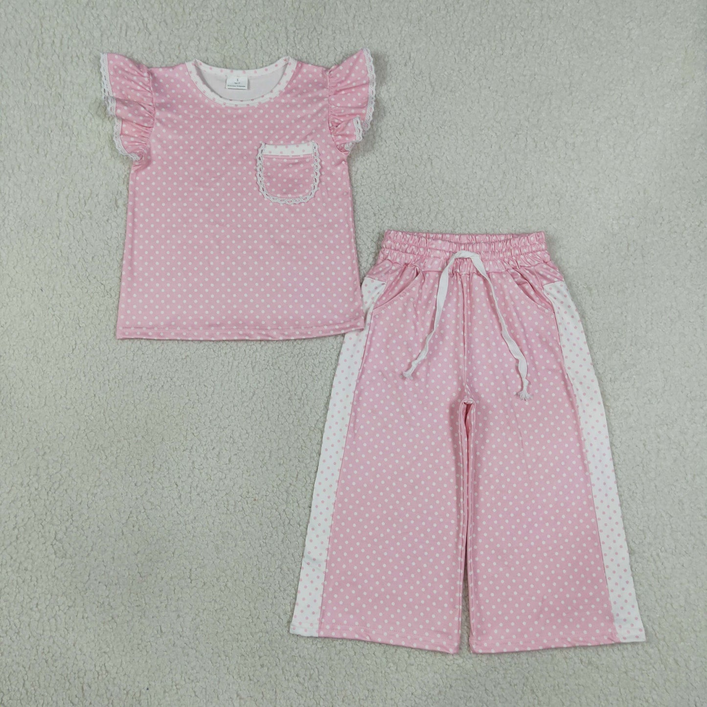 GSPO2330 Kids Clothing Baby Girls Flutter Sleeve Pink Polka Dots Pocket Top Flare Pant Clothes Sets