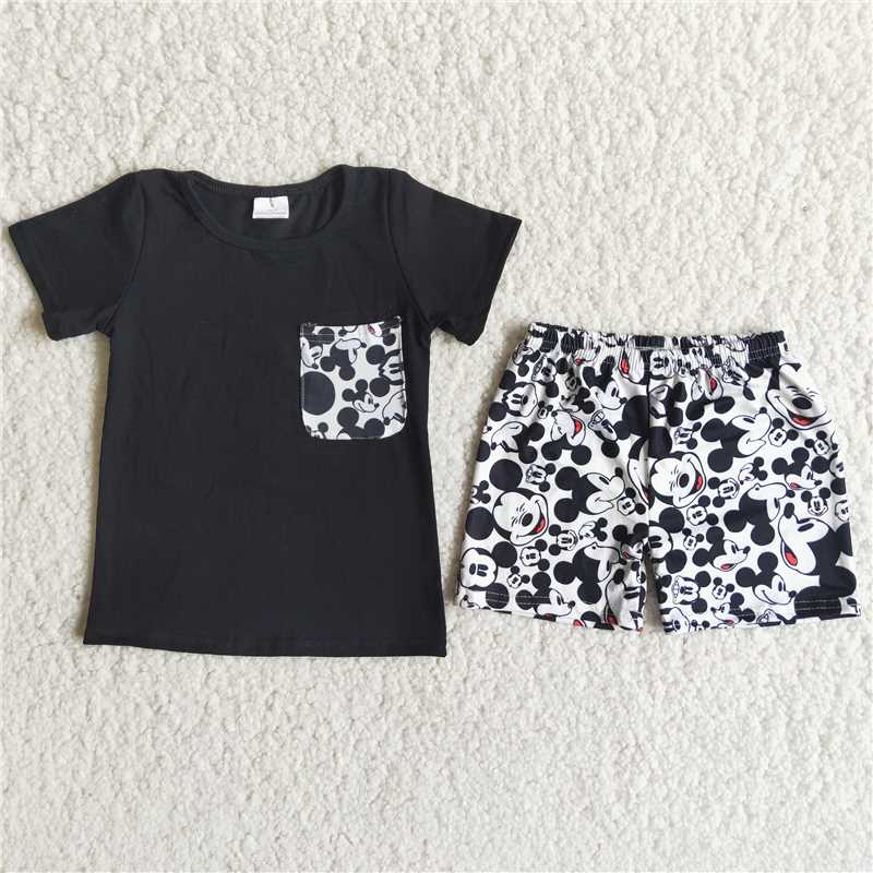RTS NO MOQ(In Stock) A16-24 Black Short-Sleeve cartoon Mouse Boy Set