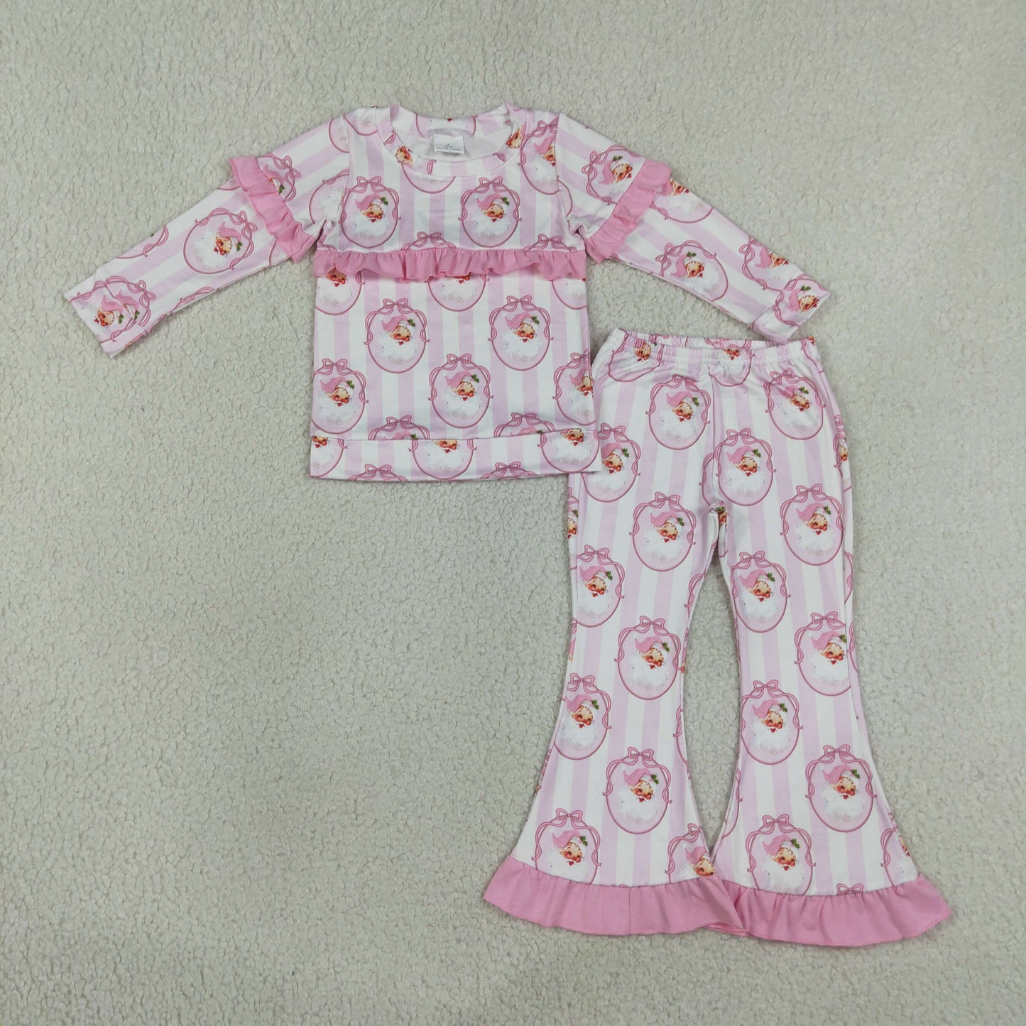 GLP3450 Kids Clothing Baby Girls Pink Bows Santa Stripe Top Bell Bottom Pant Christmas Clothes Sets