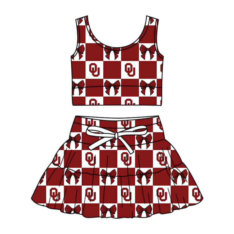 Custom MOQ 3 or 5 pcs Team Design Girl Red OU Bows Plaid Vests Top Skirt Short Team Clothes Sets