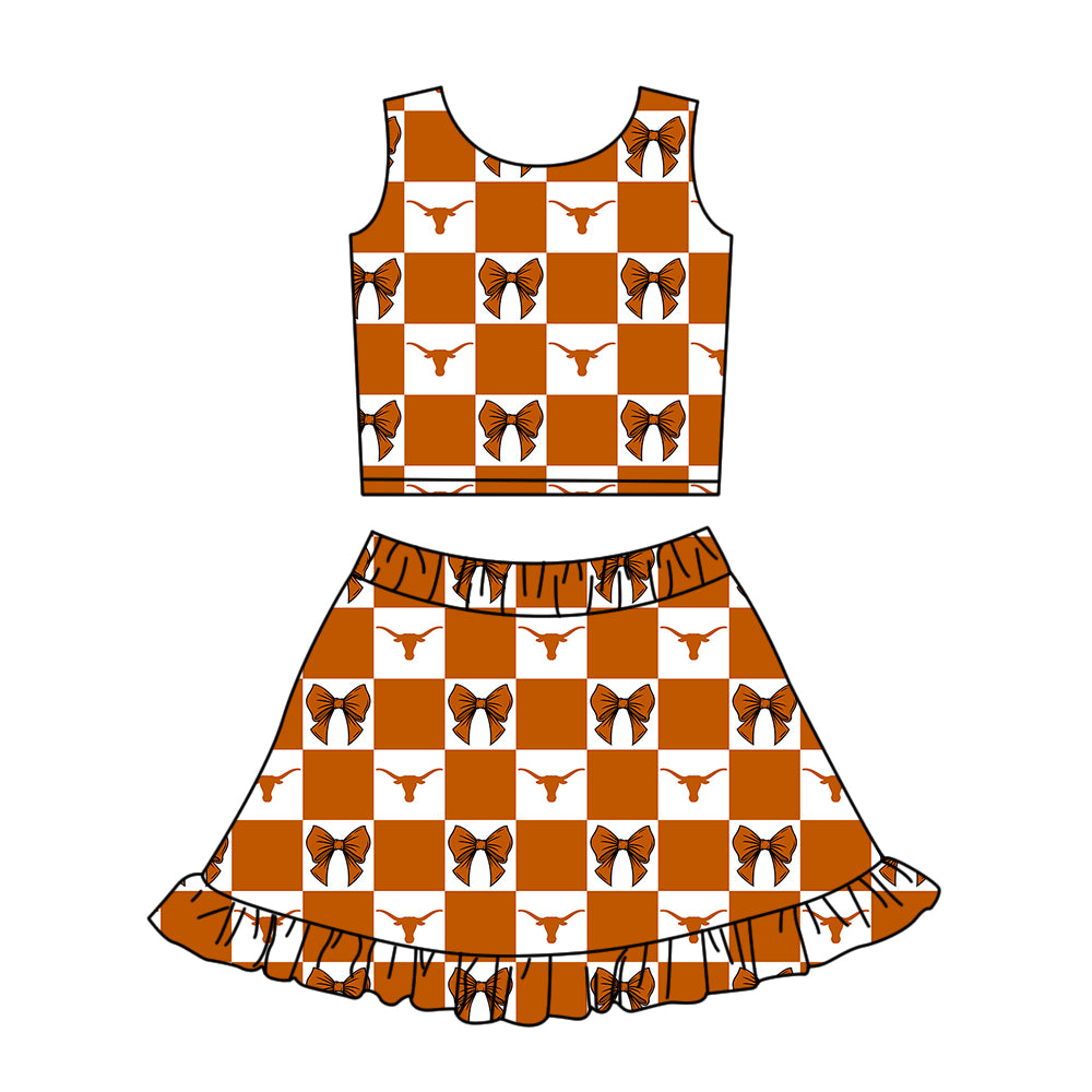 Custom MOQ 3 or 5 pcs Team Design Girl Summer Bull Skulls Bows Plaid Top Ruffle Skirt Short Team Clothes Sets
